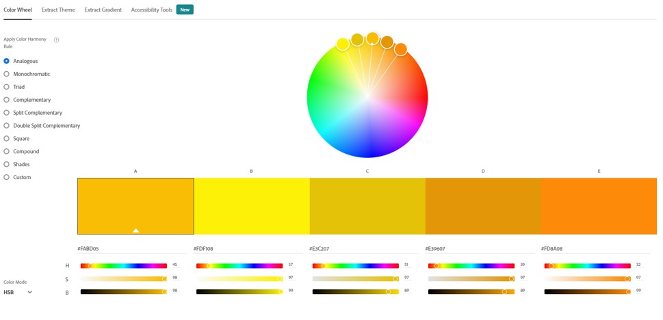 Analogues Color scheme in adobe color wheel